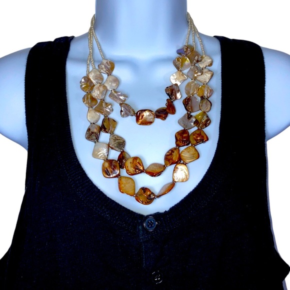 Abalone Mother of Pearl Multi Strand Layered Women’s Necklace Brown Gold Pearl - Picture 1 of 16